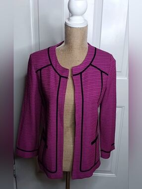 Ming Wang Fuchsia/Black  Knit Open-Front Top Hook And Eye Closure) Jacket Size M